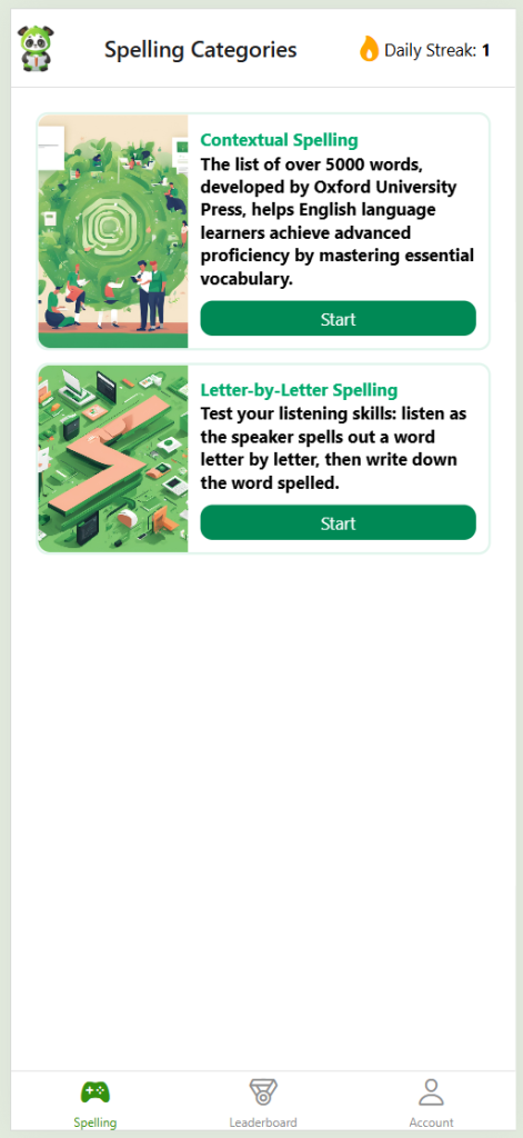 Spelling challenge feature in the app